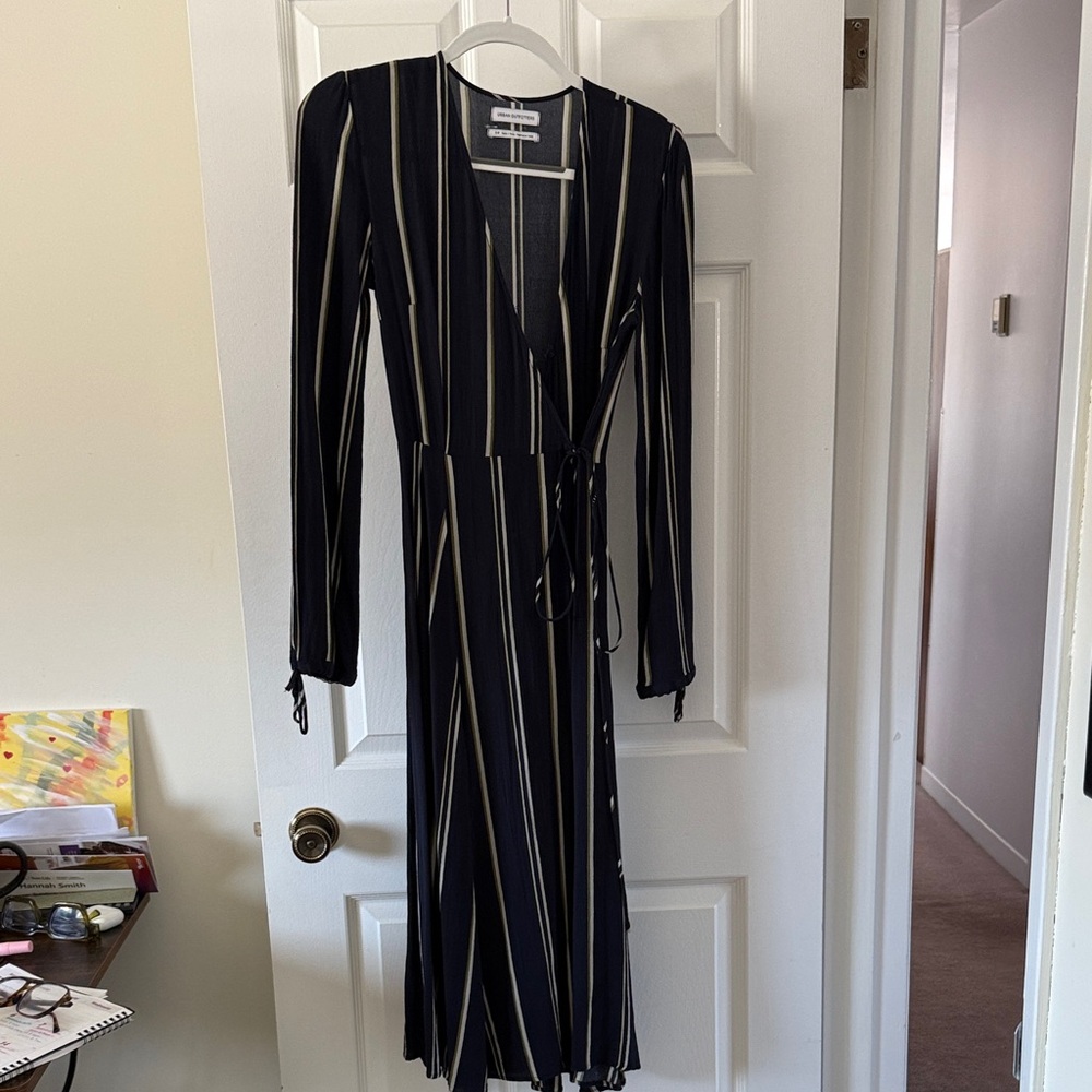 Urban Outfitters Navy, Green, and Cream Striped Long Sleeve Dress